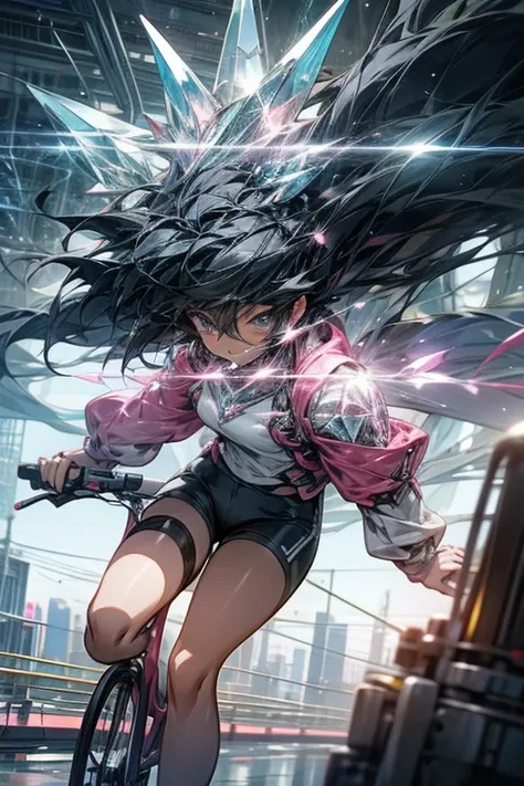 cute anime girl rides a bicycle, in running shorts, short shorts, A complex crystal structure in a futuristic city
