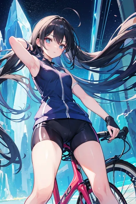 cute anime girl rides a bicycle, in running shorts, short shorts, A complex crystal structure in a futuristic city
