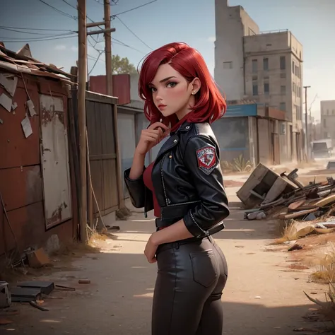 high resolution photography of wasteland outlaw, red hair, ebony, black leather jacket, sheer topic, small breast, patches, retrofuturism, fallout 76, post civilization world, ruines of civilization