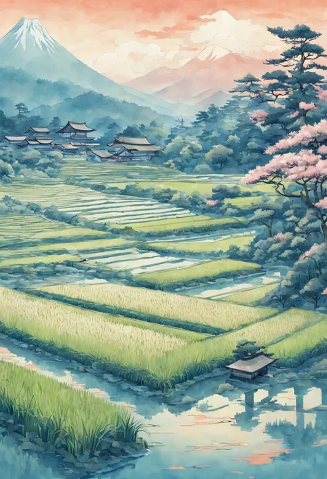 Digital painting of rice paddy terraces in feudal Japan, Ukiyo-e art style influences from Hiroshige and Hokusai. Watercolor textures, landscape format, soft lighting, vivid colors, highly detailed, aesthetic