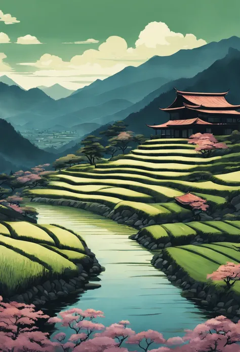 Digital painting of rice paddy terraces in feudal Japan, Ukiyo-e art style influences from Hiroshige and Hokusai. Watercolor textures, landscape format, soft lighting, vivid colors, highly detailed, aesthetic