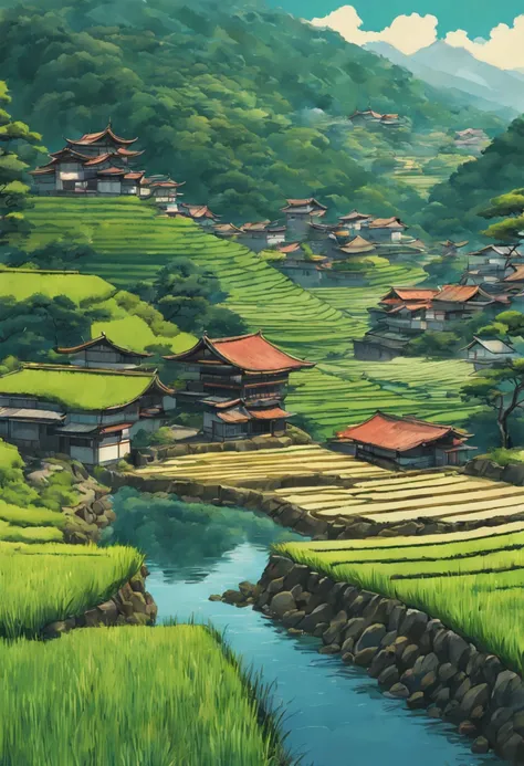 Digital painting of rice paddy terraces in feudal Japan, Ukiyo-e art style influences from Hiroshige and Hokusai. Watercolor textures, landscape format, soft lighting, vivid colors, highly detailed, aesthetic