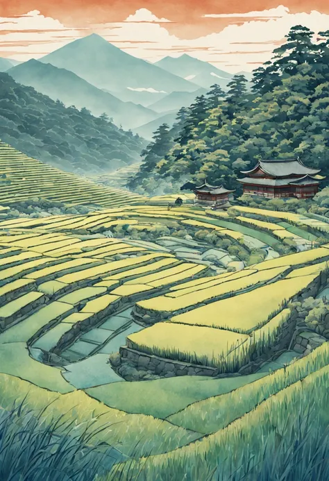 Digital painting of rice paddy terraces in feudal Japan, Ukiyo-e art style influences from Hiroshige and Hokusai. Watercolor textures, landscape format, soft lighting, vivid colors, highly detailed, aesthetic