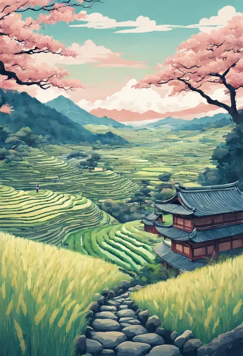 Digital painting of rice paddy terraces in feudal Japan, Ukiyo-e art style influences from Hiroshige and Hokusai. Watercolor textures, landscape format, soft lighting, vivid colors, highly detailed, aesthetic