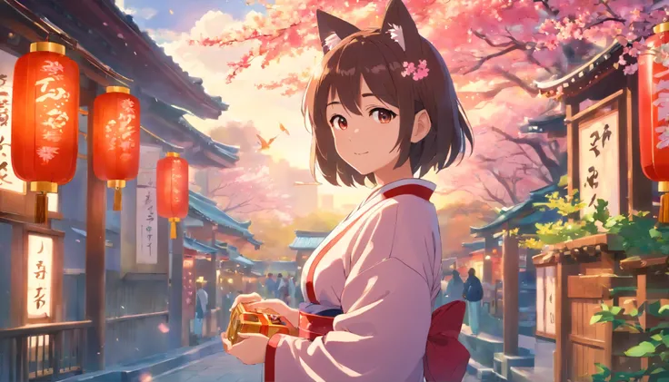 photoRealstic、Japan shrine in the background、a girl with cat ears、no people Wearing a kimono to celebrate Shichi-Go-San、Traditional events of Japan、Smile, kawaii pose 、 ultradetailed eyes、Full Paint、Floral hair ornament、on my right hand, I have a bag of Ch...