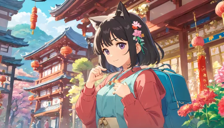 photoRealstic、Japan shrine in the background、a girl、cat ears、 black hair、long hair、no people、 kawaii pose 、 ultradetailed eyes、Full Paint、Floral hair ornament、on my right hand, I have a bag of Chitose candy、Strong bokeh、Flowers in the foreground