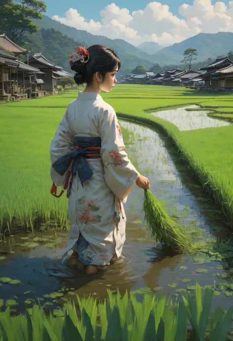 girl in rice paddy, by naoki ikushima, best quality, masterpiece, Representative work, official art, Professional, Ultra intricate detailed, 8k