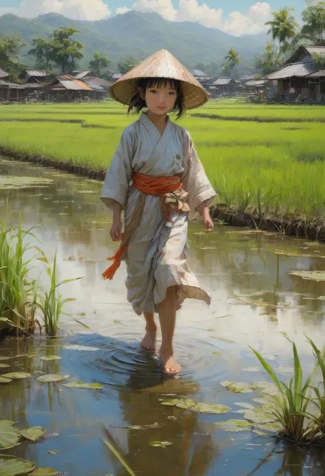 girl in rice paddy, by Karen Wallis, best quality, masterpiece, Representative work, official art, Professional, Ultra intricate detailed, 8k