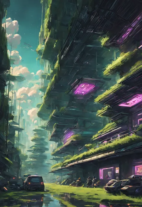 Type of Image: Concept Art Sketch, Subject Description: A futuristic rice paddy with advanced agriculture drones flying overhead, Art Styles: Cyberpunk, Art Inspirations: Syd Mead, Camera: fish-eye, Shot: POV, Render Related Information: detailed, neon lig...