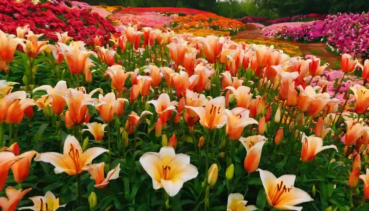 10,000 lilies flowers, Beautiful and perfect, eventide，blue sky，vibrant with colors.High saturation，