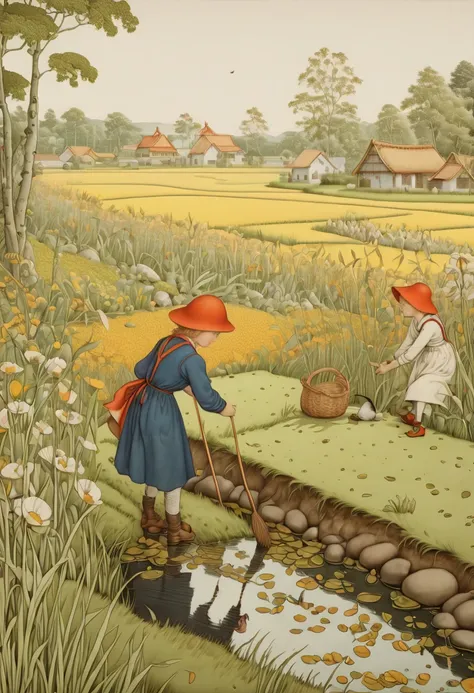 rice paddy, by Elsa Beskow, (best quality, masterpiece, Representative work, official art, Professional, Ultra intricate detailed, 8k:1.3)