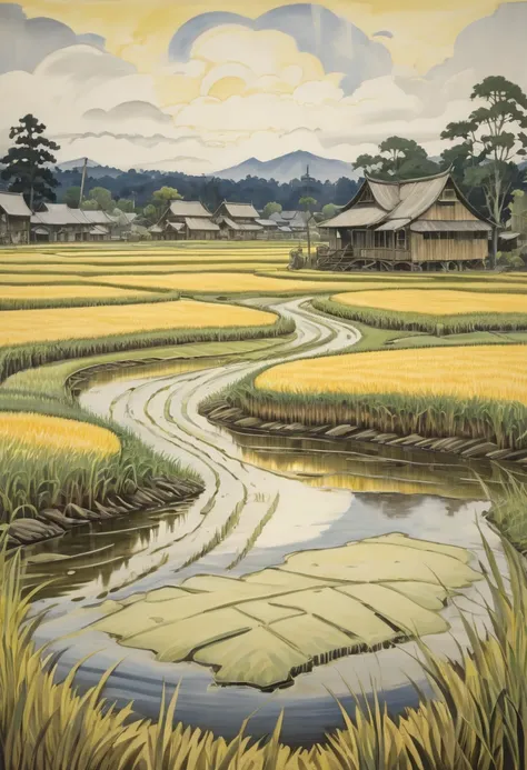 rice paddy, by Charles E. Burchfield, best quality, masterpiece, Representative work, official art, Professional, Ultra intricate detailed, 8k