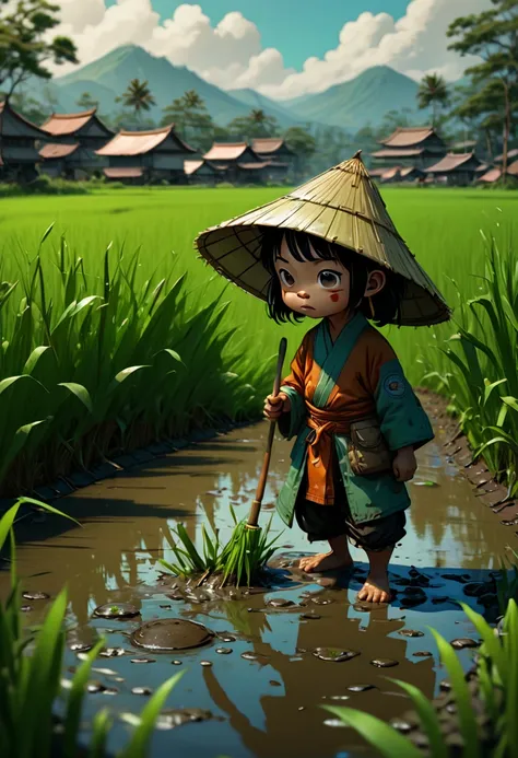 rice paddy, by Skottie Young, (best quality, masterpiece, Representative work, official art, Professional, Ultra intricate detailed, 8k:1.3)