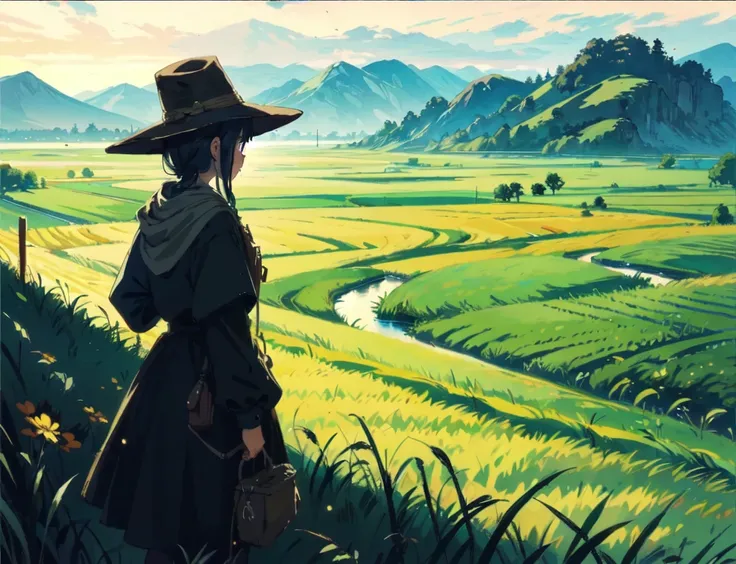 rice paddy, girl, (best quality, masterpiece, Representative work, official art, Professional, Ultra intricate detailed, 8k:1.3)