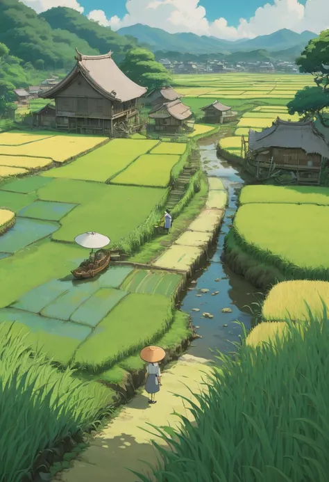 rice paddy, by Studio Ghibli Style, Ghibli color, Miyazaki Hayao style, best quality, masterpiece, Representative work, official art, Professional, Ultra intricate detailed, 8k