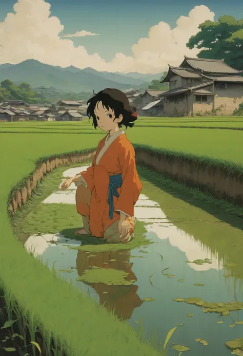 rice paddy, by Satoshi Kon, best quality, masterpiece, Representative work, official art, Professional, Ultra intricate detailed, 8k