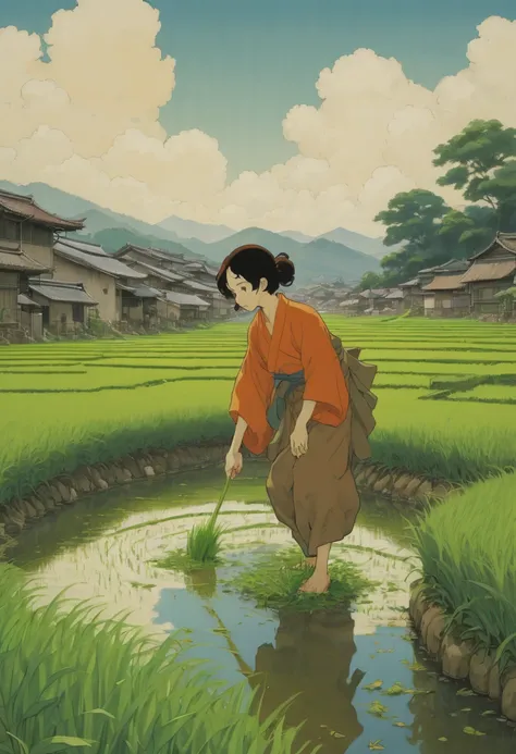 rice paddy, by Satoshi Kon, best quality, masterpiece, Representative work, official art, Professional, Ultra intricate detailed, 8k