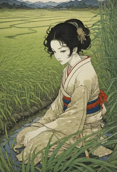 rice paddy, by Takato Yamamoto, best quality, masterpiece, Representative work, official art, Professional, Ultra intricate detailed, 8k