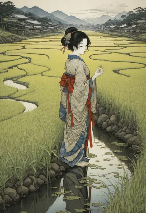 rice paddy, by Takato Yamamoto, best quality, masterpiece, Representative work, official art, Professional, Ultra intricate detailed, 8k