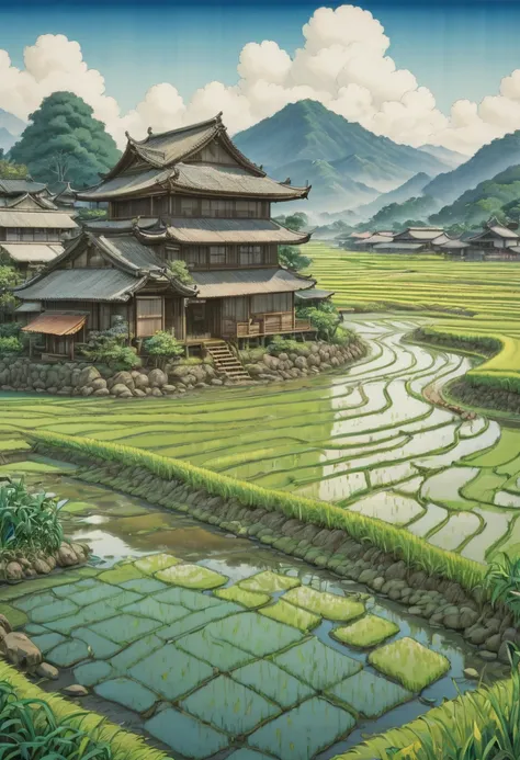 rice paddy, by Osamu Tezuka, best quality, masterpiece, Representative work, official art, Professional, Ultra intricate detailed, 8k