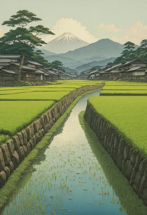 rice paddy, by Kawase Hasui, best quality, masterpiece, Representative work, official art, Professional, Ultra intricate detailed, 8k