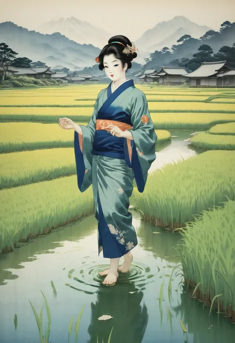 rice paddy, by Ito Shinsui, best quality, masterpiece, Representative work, official art, Professional, Ultra intricate detailed, 8k