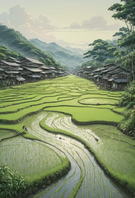 rice paddy, by Katsuhiro Otomo, best quality, masterpiece, Representative work, official art, Professional, Ultra intricate detailed, 8k