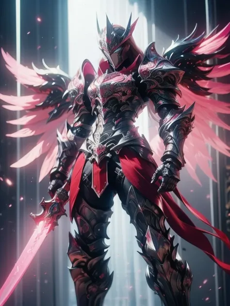 Character design, 1 girl,, slim body, medium chest, skinny waist, ((long deep red hair)). blue eyes. (((pink fantasy a female knight in a pink full armor))), (((big pauldrons, intricate details))), (((large armor wings))), (((advanced weapon fantasy plasma...