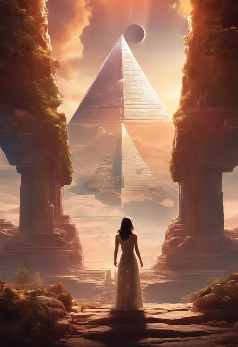 highest quality、masterpiece、ultra high resolution、(realistic:1.4)、ancient ruins、Shining pyramid、shine beautifully、filled with huge stones、pyramid covered with ivy、girl standing in front of the pyramid