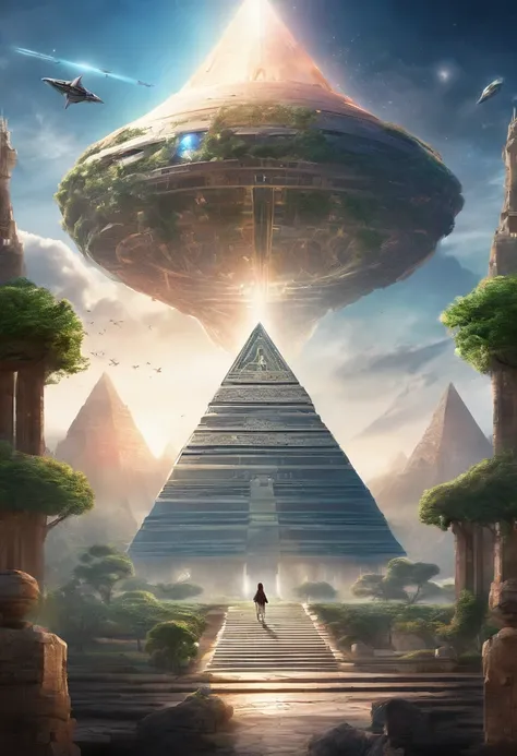 highest quality、masterpiece、ultra high resolution、(realistic:1.4)、ancient ruins、Shining pyramid、octahedral ufo,shine beautifully、filled with huge stones、pyramid covered with ivy、girl standing in front of the pyramid,Flying laser beam