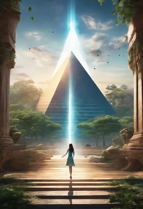 highest quality、masterpiece、ultra high resolution、(realistic:1.4)、ancient ruins、Shining pyramid、octahedral ufo,shine beautifully、filled with huge stones、pyramid covered with ivy、girl standing in front of the pyramid,Flying laser beam