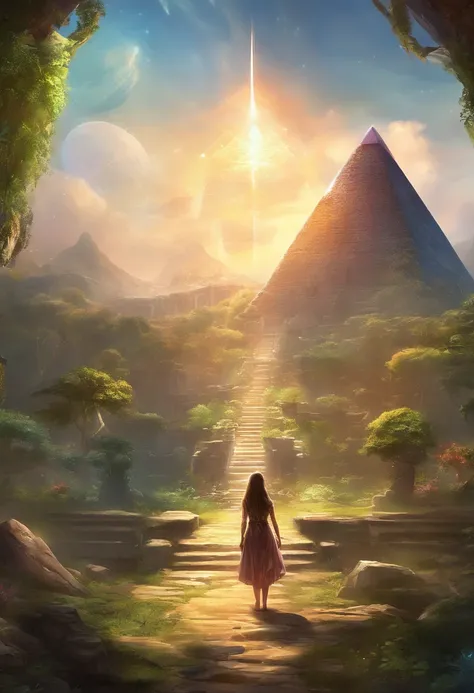 highest quality、masterpiece、ultra high resolution、(realistic:1.4)、ancient ruins、Shining pyramid、octahedral ufo,shine beautifully、filled with huge stones、pyramid covered with ivy、A girl in a space suit standing in front of a pyramid,Flying laser beam