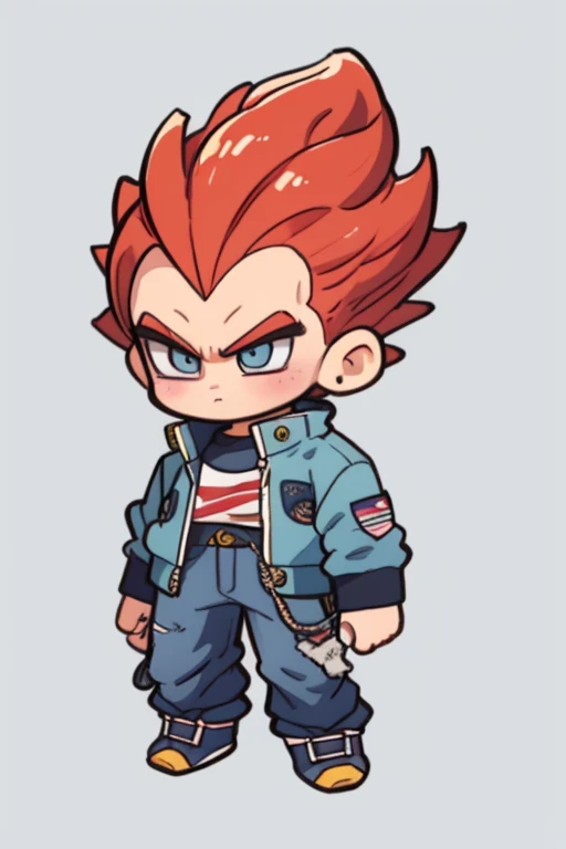 1man, solo, (masterpiece), best quality, ultra-detailed, Vegeta from Dragon Ball Z, super saiyan hair, Retro style, full body. fashion cloth, jean jacket, fancy, portrait, face detail, eyes detail, simple background, cute
