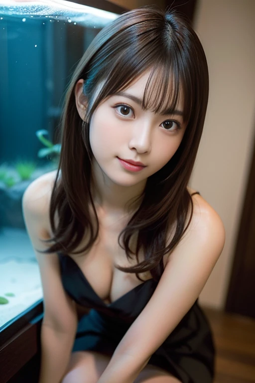 in 8K,Best Quality:1.4, 超A high resolution:1.5, (Photorealistic:1.4),​masterpiece:1.2,(top-quality:1.4)、 Raw photo、aquariums、FULL BODYSHOT、 1 japanese girl, Cute, (Solo), (A slight smil), Smooth skin、(30-years old:1.4)、to stand、 (Brown medium hair,Bangs), ...