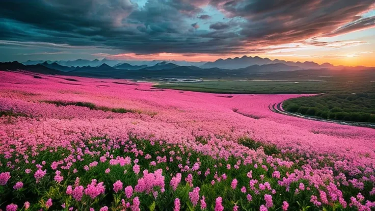 Photo taken during the golden hour and overcast black, ((photorealism)), cinematic landscape scene, 32k quality. Sweet pink sea of flowers in east China.