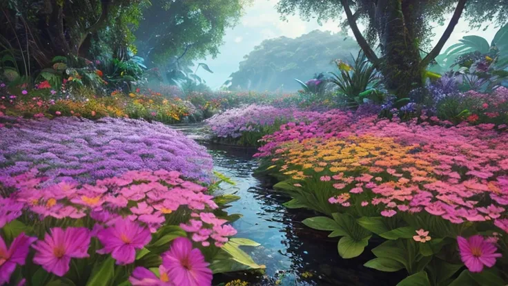 ((photorealism)), cinematic landscape scene, 32k quality. sea of flowers in the jungle. detailed texture and colorfull