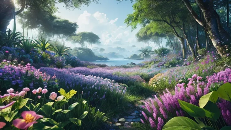 ((photorealism)), cinematic landscape scene, 32k quality. sea of flowers in the jungle. detailed texture and colorfull