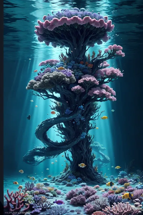 giant flower tree, sea of flowers , many flowers floating , magnificent flowers underwater, blue theme,