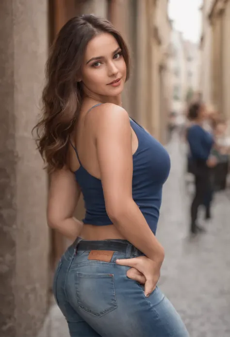 ultra realistic, ultra high definition, curvy and sexy body shape , ambiente ultra realista, olhando para o espectador, 22 anos de idade, Random color tight tank top, mini saia jeans rasgada, cabelos castanhos longos e ondulados, 1.5 meters away，hdr，Qualid...