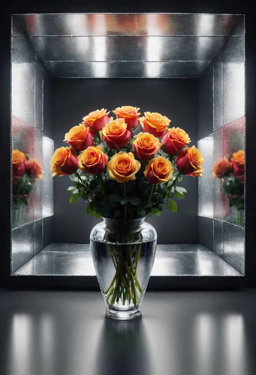 reflective art .inside the cube with mirrored walls there is a vase with five roses. flowers are reflected in all the mirrors. t...