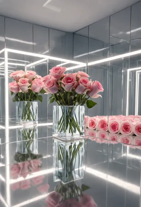 reflective art .inside the cube with mirrored walls there is a vase with five roses. flowers are reflected in all the mirrors. t...