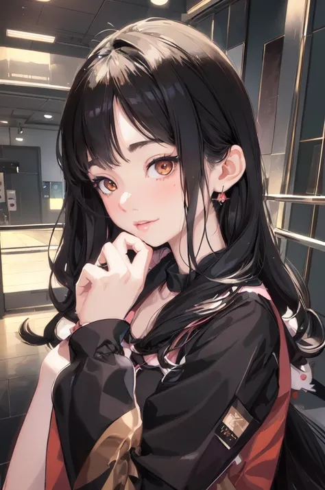 Anime girl with long black hair and brown hair is taking a photo, Realistic anime 3d style, Gwaites style artwork, realistic anime art style, cute realistic portrait, realistic anime art style, beautiful anime girl, cute anime girl, photorealistic anime, a...