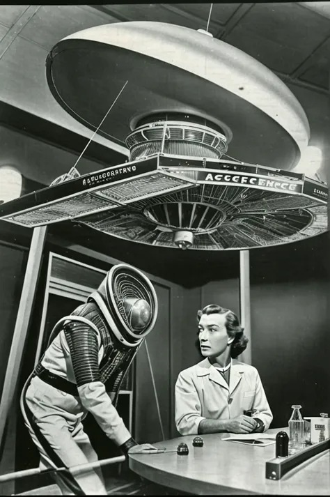 (((Old science fiction TV series))), Fotografia, Extremamente realista, Scene from an old science fiction TV series from the 1950s with human actors and actors talking to each other in a meeting dressed as aliens and robots. with a retro spaceship in the b...