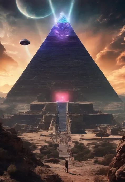 highest quality、masterpiece、ultra high resolution、(realistic:1.4)、ancient ruins、Shining pyramid、octahedral ufo,shine beautifully、filled with huge stones、pyramid covered with ivy、girl standing in front of the pyramid,Flying laser beam