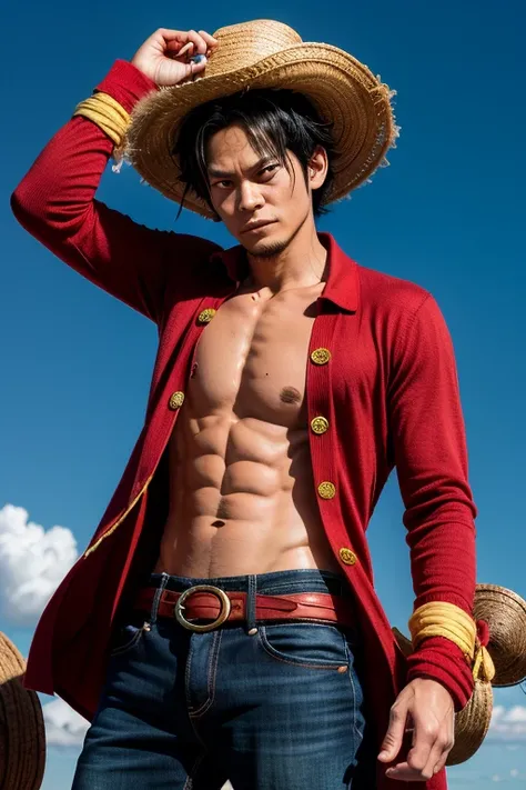 Luffy has black shaggy hair, round black eyes, and a slim muscular build. He is renowned for his trademark straw hat, which was lent to him when he was young by the legendary pirate captain, "Red-Haired" Shanks,[35] who in turn received it from Gol D. Roge...