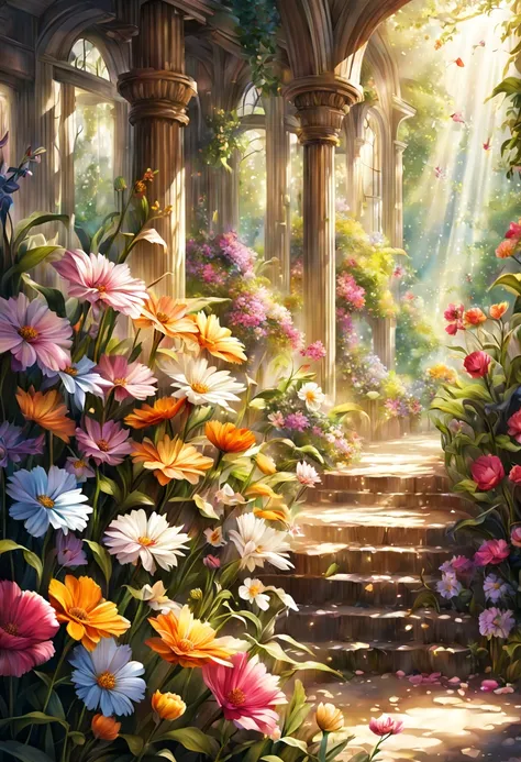 colorful flowers garden, vibrant colors, detailed petals, sunlight peeking through, gentle breeze, joyful atmosphere, high-resolution artwork, realistic and vivid, soft and natural lighting effect, blooming flowers, variety of floral species, beautifully a...