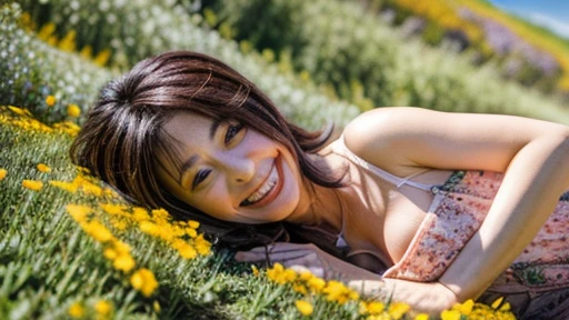 Lying on my stomach on  (the Flower field of astragalus in full bloom:1.2), Smiling milf