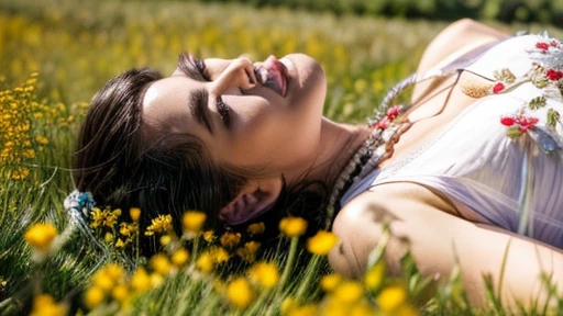 Lying on my stomach on  (the Flower field of astragalus in full bloom:1.2), Smiling woman