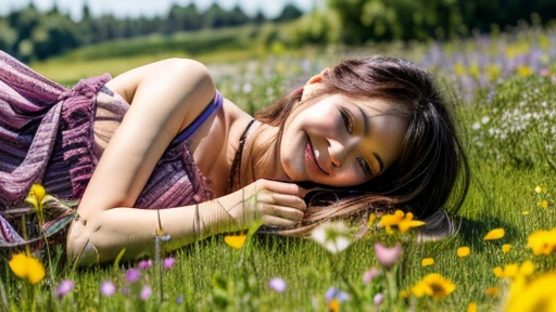 Lying on my stomach on  (the Flower field of astragalus in full bloom:1.2), Smiling woman