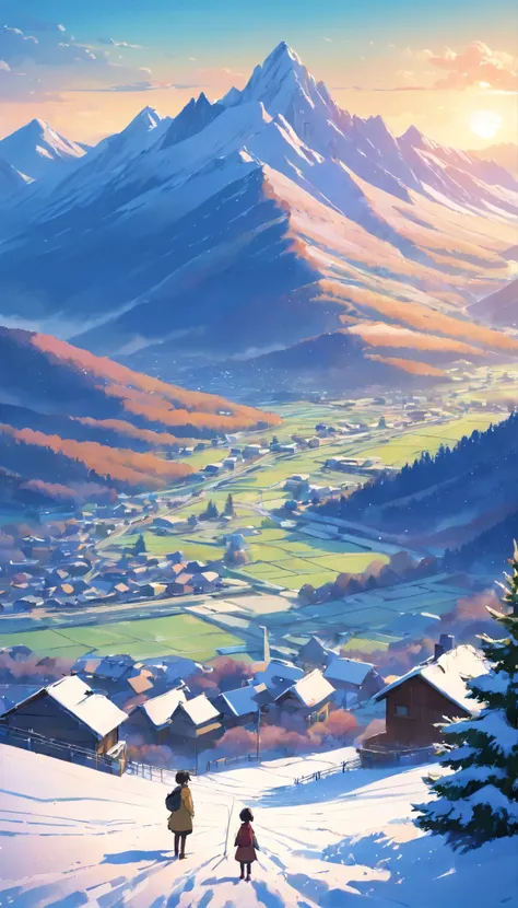 The mountains are covered with snow., tree, small town below, field, A little  was playing in the distance., My stomach is cloudy., Anime, high definition